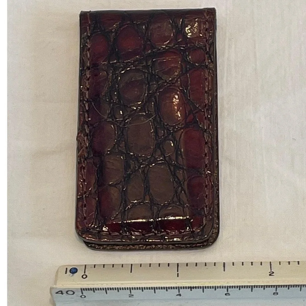 Vintage‎ Genuine Alligator Leather Magnetic Money Clip Dark Brown Exotic Skin